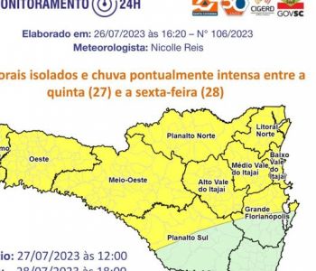 Defesa Civil emite alerta para temporais e chuva intensa entre quinta e sexta