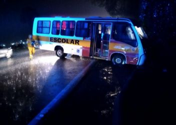 Micro-ônibus escolar sai da pista e deixa trânsito lento na BR-282